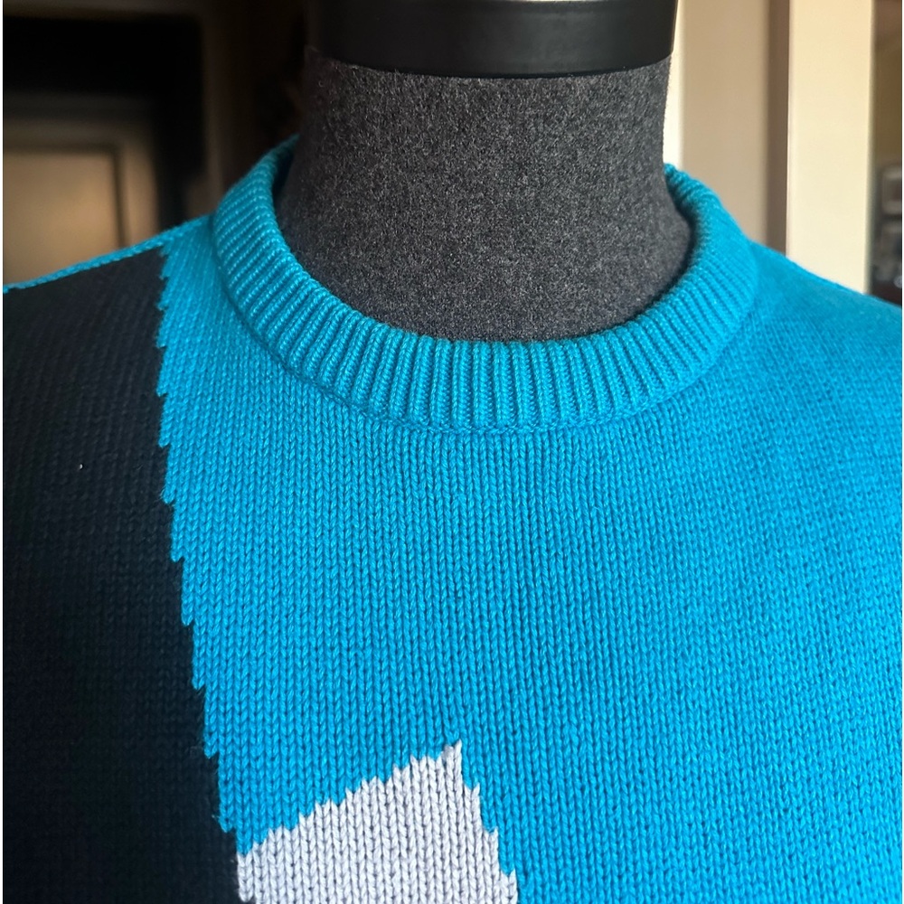 LACOSTE 🐊 Men’s Vintage Blue & Black Geometric All Cotton LS Sweater - Size LG - Picture 4 of 12